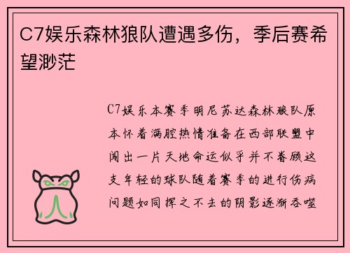 C7娱乐森林狼队遭遇多伤，季后赛希望渺茫