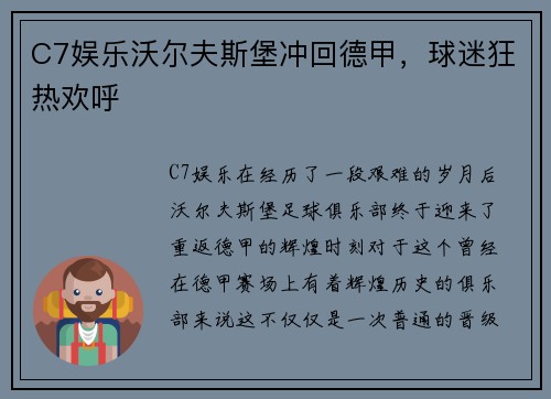 C7娱乐沃尔夫斯堡冲回德甲，球迷狂热欢呼
